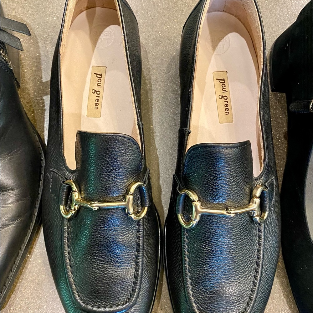 Paul Green Black Loafers with Gold Horsebit Detail.